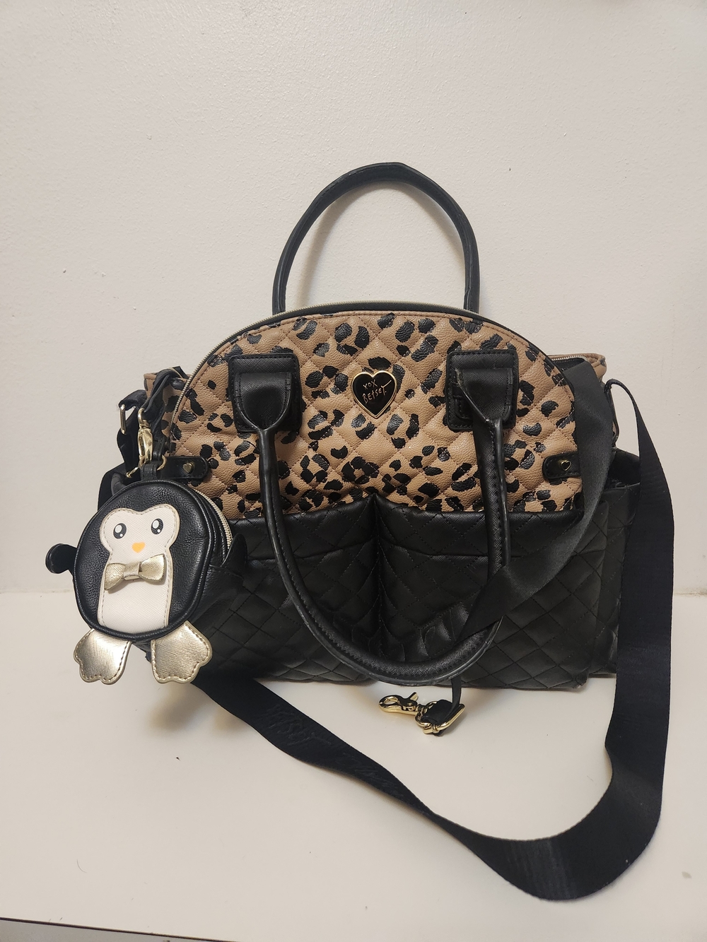 Betsey Johnson 3-Piece Quilted Leopard Tote, Penguin Coin Purse,Travel Organizer